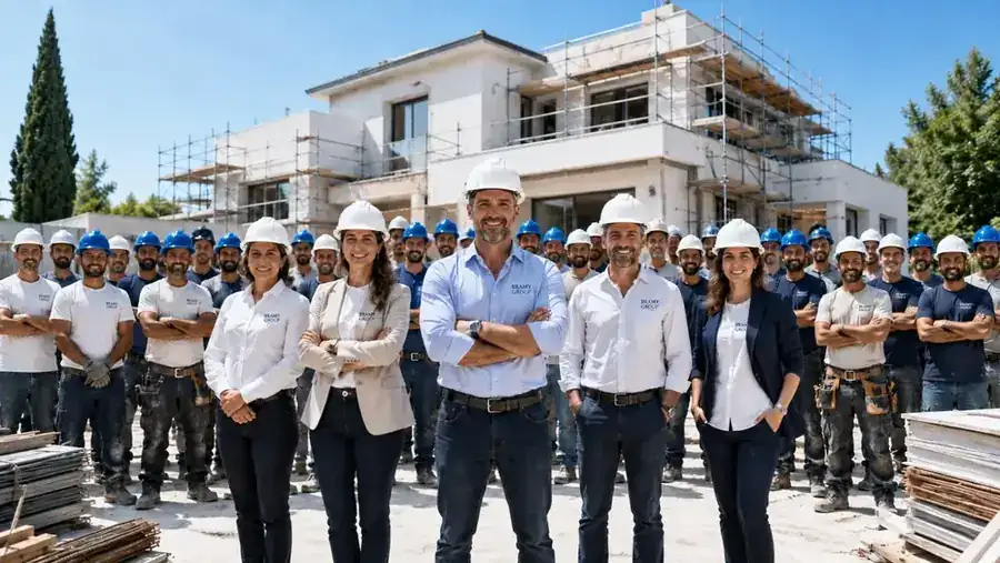 צוות קבוצת בראמי באתר בנייה — עבודות גמר ומעטפת