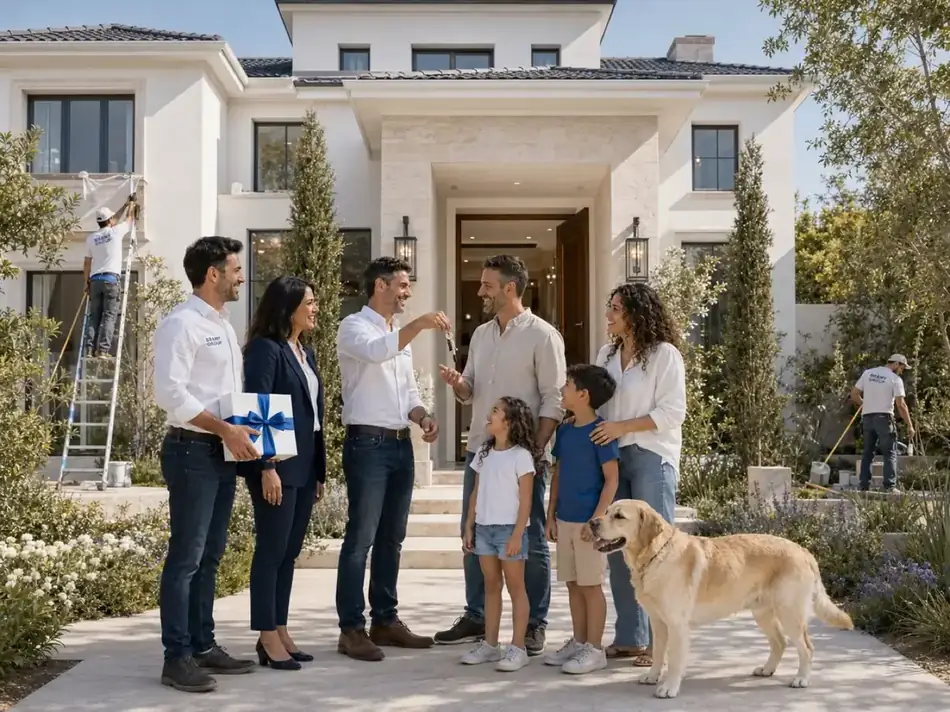 צוות קבוצת בראמי מוסר מפתחות למשפחה מול בית חדש — עבודות גמר ומעטפת